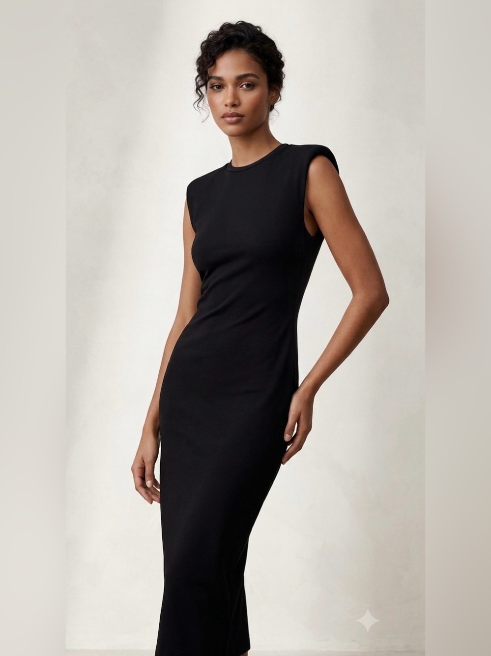 ZARA Black Padded Shoulder Sleeveless Midi Dress M NWT Elegant Minimalist
